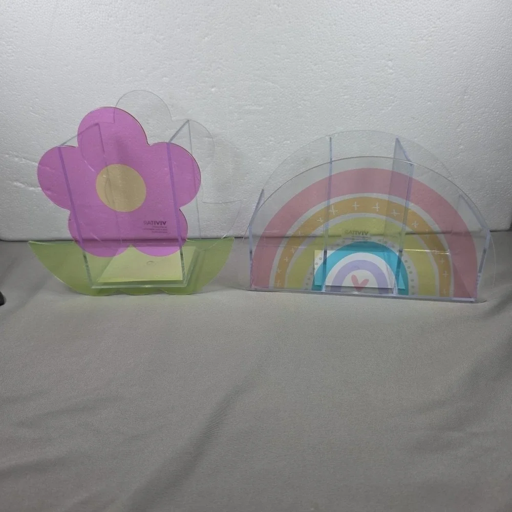 Kids Desk Organizers Clear Rainbow‎ and Flower Catchall Set of 2